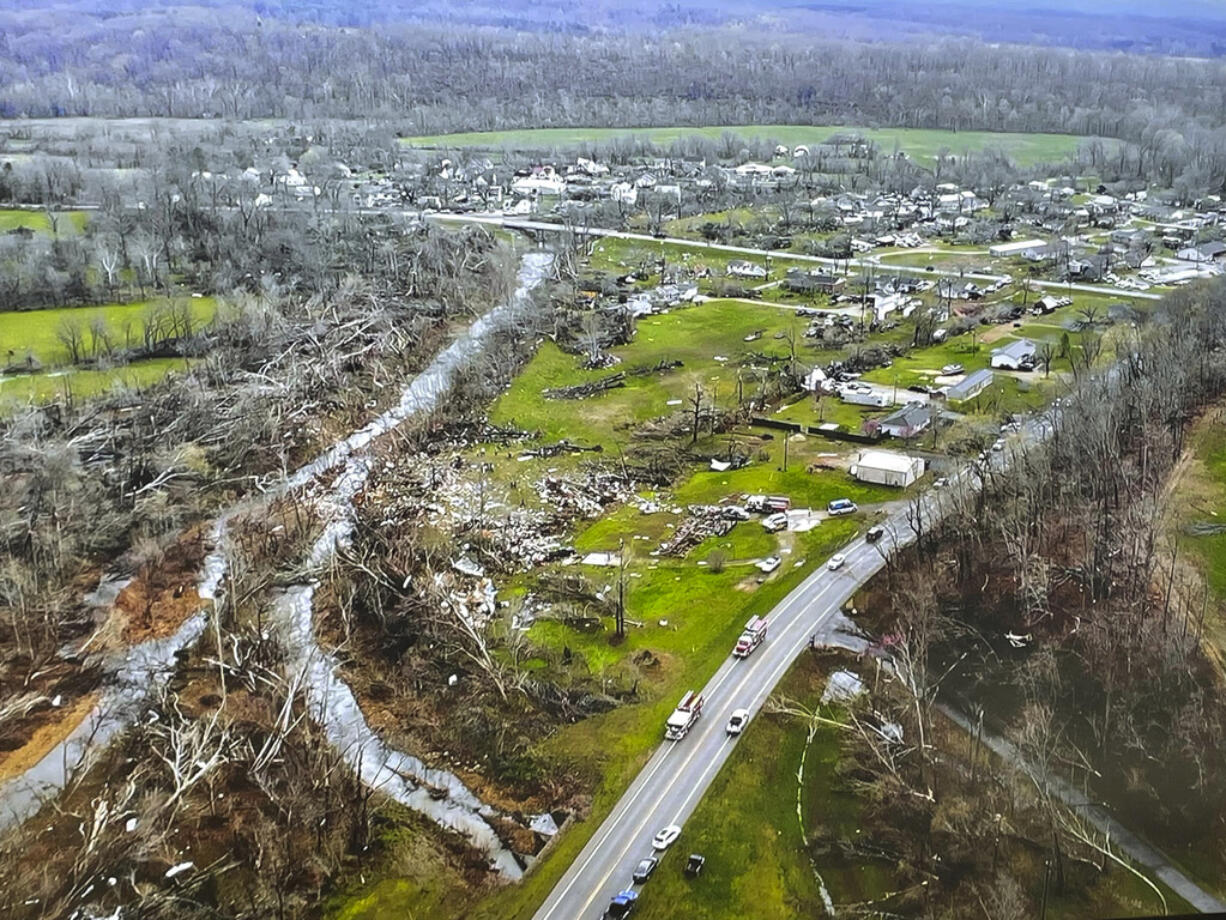 This photo provided by the Missouri State Highway Patrol and taken with a drone as it surveys the damage from a tornado that hit southeast Missouri early Wednesday, April 5, 2023. The tornado caused widespread destruction and killed and injured multiple people.