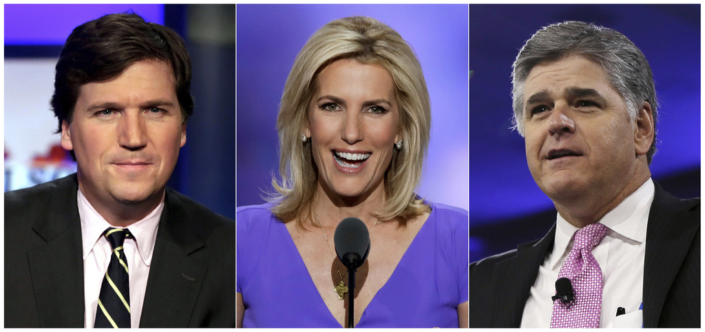 This combination photo shows, from left, Tucker Carlson, host of "Tucker Carlson Tonight," Laura Ingraham, host of "The Ingraham Angle," and Sean Hannity, host of "Hannity" on Fox News.