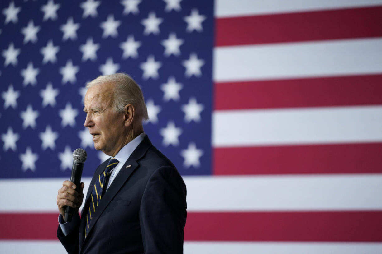 FILE - President Joe Biden speaks about his economic agenda at International Union of Operating Engineers Local 77's training facility in Accokeek, Md., Wednesday, April 19, 2023. The poll by The Associated Press-NORC Center for Public Affairs Research shows that 26% of Americans overall want to see Biden run again -- a slight recovery from the 22% who said that in January. Forty-seven percent of Democrats say they want him to run, also up slightly from only 37% who said that in January.