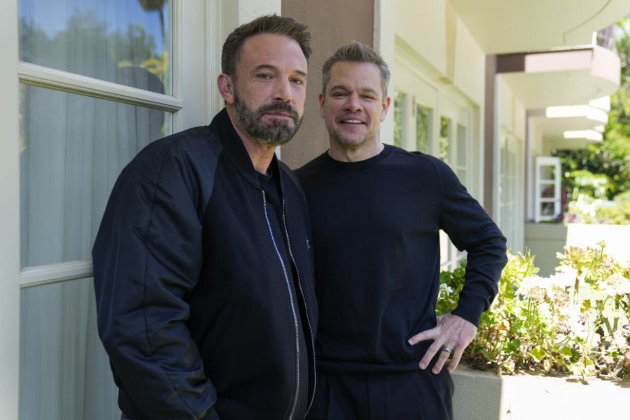 Ben Affleck, left, and Matt Damon pose for a portrait to promote the film "Air" on Monday, March 27, 2023, at the Four Seasons Hotel in Los Angeles.