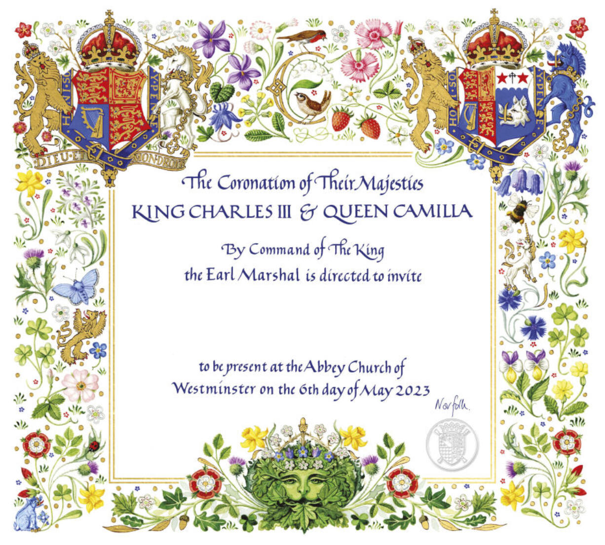 This photo released by Buckingham Palace on Tuesday, April 4, 2023 displays the invitation to the Coronation of Britain's King Charles III in Westminster Abbey. King Charles III's wife has been officially identified as Queen Camilla for the first time, with Buckingham Palace using the title on invitations for the monarch's May 6 coronation. Camilla, who until now has been described as queen consort, is given equal billing on the ornate medieval style invitations that will be sent to more than 2,000 guests and were unveiled on Tuesday.