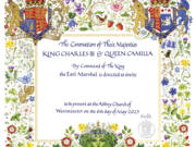 This photo released by Buckingham Palace on Tuesday, April 4, 2023 displays the invitation to the Coronation of Britain's King Charles III in Westminster Abbey. King Charles III's wife has been officially identified as Queen Camilla for the first time, with Buckingham Palace using the title on invitations for the monarch's May 6 coronation. Camilla, who until now has been described as queen consort, is given equal billing on the ornate medieval style invitations that will be sent to more than 2,000 guests and were unveiled on Tuesday.