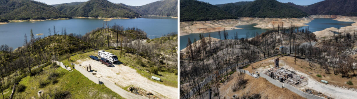 A trailer stands at a property that was scorched in the 2020 North Complex Fire above Lake Oroville on March 26, 2023, and the same location on May 23, 2021, in Oroville, Calif.