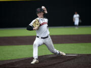 Camas pitcher Max Fraser delivers a pitch in the Papermakers' 2-0 win over Union in a 4A Greater St. Helens League game at Camas High School on Monday, April 17, 2023.