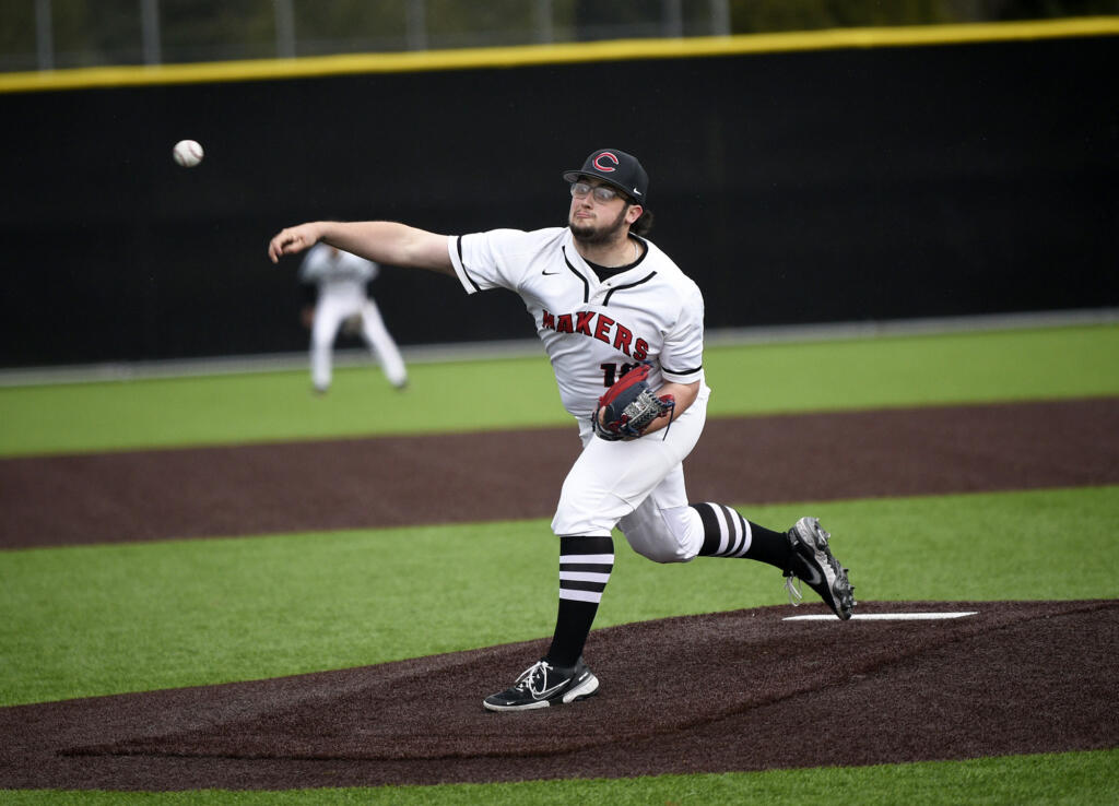 Camas pitcher Ryan McClaskey delivers a pitch in the Papermakers' 2-0 win over Union in a 4A Greater St. Helens League game at Camas High School on Monday, April 17, 2023.