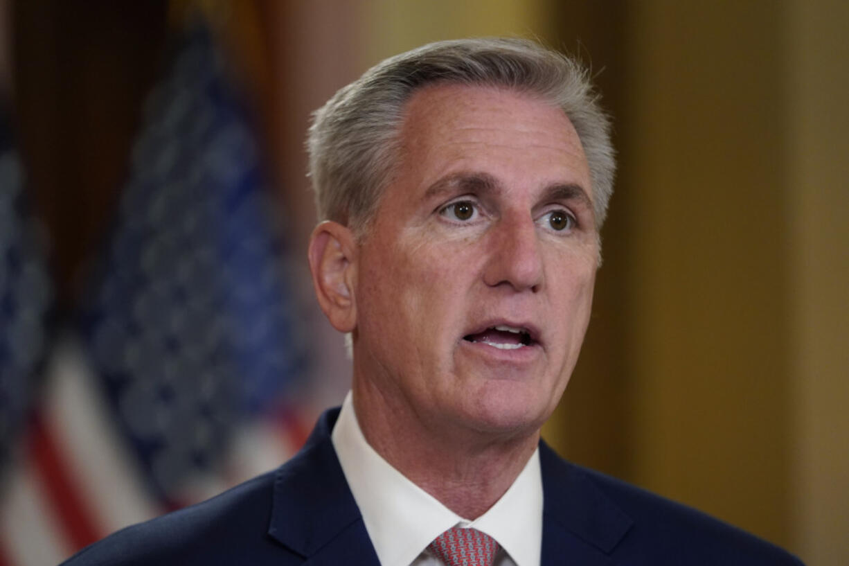 FILE - House Speaker Kevin McCarthy of Calif., talks to reporters Monday, Feb. 6, 2023, on Capitol Hill in Washington. Speaker Kevin McCarthy emerged from the messy multi-ballot to become House speaker emboldened rather than chastened by the fight. But as the embattled Republican leader rounds the first 100 days at the helm of a slim House Republican majority there are challenges ahead.