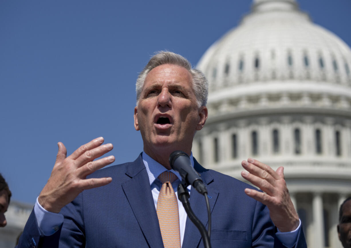 Speaker of the House Kevin McCarthy, R-Calif., speaks as he and House Republicans celebrate passage in the House of a bill that would bar federally supported schools and colleges from allowing transgender athletes whose biological sex assigned at birth was male to compete on girls or women's sports teams at the Capitol in Washington, Thursday, April 20, 2023. (AP Photo/J.