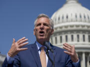 Speaker of the House Kevin McCarthy, R-Calif., speaks as he and House Republicans celebrate passage in the House of a bill that would bar federally supported schools and colleges from allowing transgender athletes whose biological sex assigned at birth was male to compete on girls or women's sports teams at the Capitol in Washington, Thursday, April 20, 2023. (AP Photo/J.