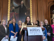 House Republican Conference Chair Elise Stefanik, R-N.Y., speaks as GOP women members hold an event before the vote to prohibit transgender women and girls from playing on sports teams that match their gender identity, at the Capitol in Washington, Thursday, April 20, 2023. The Protection of Women and Girls in Sports Act of 2023 would amend Title IX, the federal education law that bars sex-based discrimination, to define sex as based solely on a person's reproductive biology and genetics at birth. (AP Photo/J.