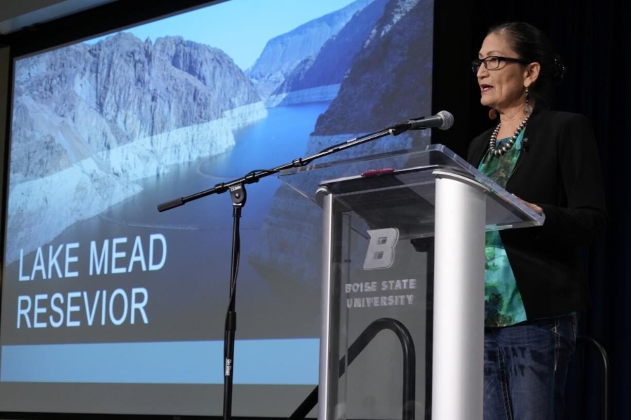 Interior Secretary Deb Haaland speaks at the Society of Environmental Journalists conference in Boise, Idaho, on Friday, April 21, 2023.