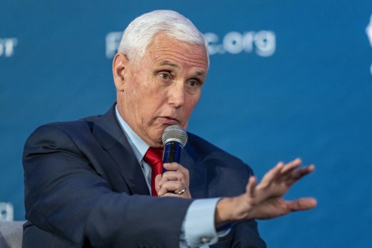 Former Vice President Mike Pence speaks at the Federalist Society Executive Branch Review conference, Tuesday, April 25, 2023, in Washington.