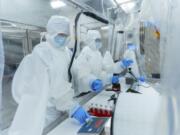 In this photo provided by Seres Therapeutics, technicians use an anaerobic chamber to prepare oral microbiome drugs for clinical studies in the company's Cambridge, Mass., facility in May 2022. On Wednesday, April 26, 2023, U.S. health officials approved the first pill made from healthy bacteria found in human waste to fight dangerous gut infections -- an easier way of performing so-called fecal transplants.