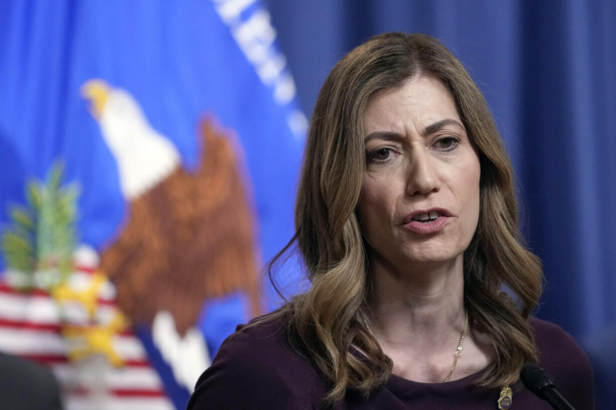 DEA Administrator Anne Milgram speaks during a news conference at the Justice Department in Washington, Friday, April 14, 2023. The Justice Department has charged 28 members of Mexico's powerful Sinaloa cartel, including sons of notorious drug lord Joaquin "El Chapo" Guzman, in a sprawling fentanyl-trafficking investigation.