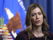 DEA Administrator Anne Milgram speaks during a news conference at the Justice Department in Washington, Friday, April 14, 2023. The Justice Department has charged 28 members of Mexico's powerful Sinaloa cartel, including sons of notorious drug lord Joaquin "El Chapo" Guzman, in a sprawling fentanyl-trafficking investigation.