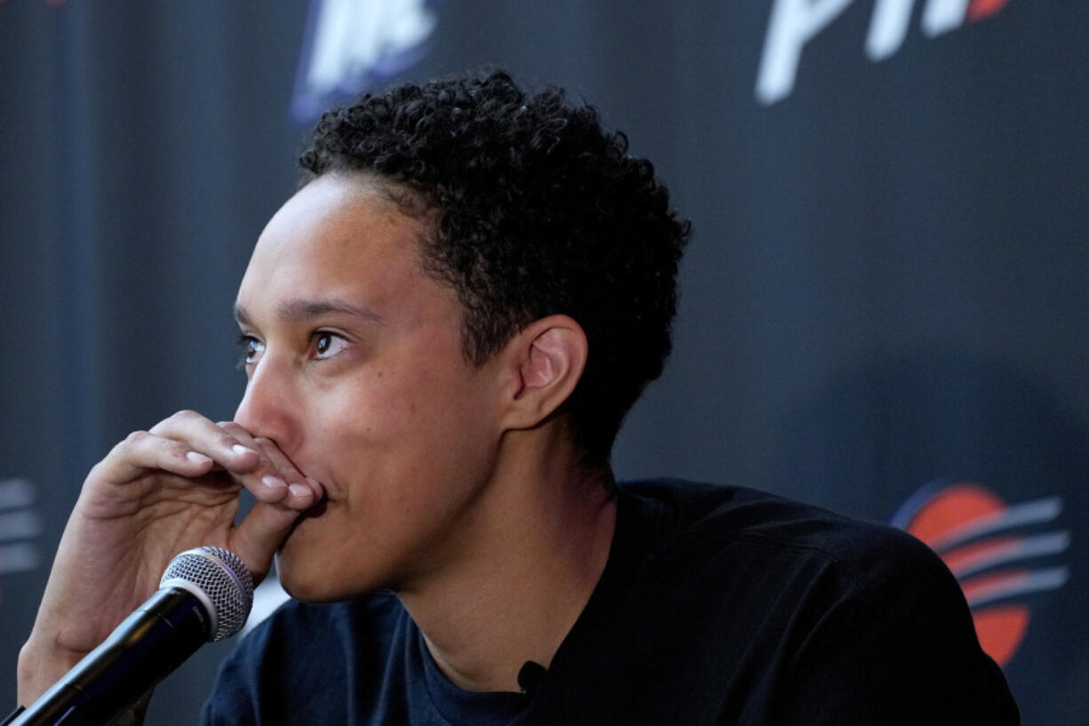 WNBA basketball player Brittney Griner fights back tears at a news conference, Thursday, April 27, 2023, in Phoenix.