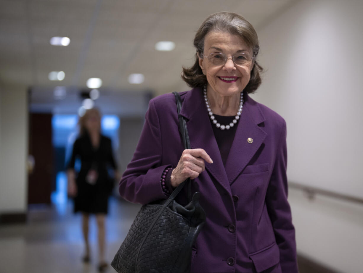 FILE - Sen. Dianne Feinstein, D-Calif., leaves a classified briefing on China, at the Capitol in Washington, Wednesday, Feb. 15, 2023. A Democratic congressman from California is calling on Sen. Feinstein to step down because of health problems. Rep. Ro Khanna says in a tweet, "We need to put the country ahead of personal loyalty. While she has had a lifetime of public service, it is obvious she can no longer fulfill her duties. (AP Photo/J.