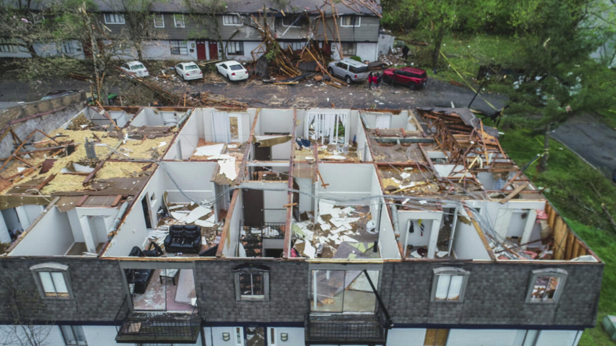 The view inside the upper level of an apartment building on Thursday, April 6, 2023 in South Louisville, Ky., after strong storms and a tornadoes came through the area on Wednesday.