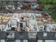 The view inside the upper level of an apartment building on Thursday, April 6, 2023 in South Louisville, Ky., after strong storms and a tornadoes came through the area on Wednesday.