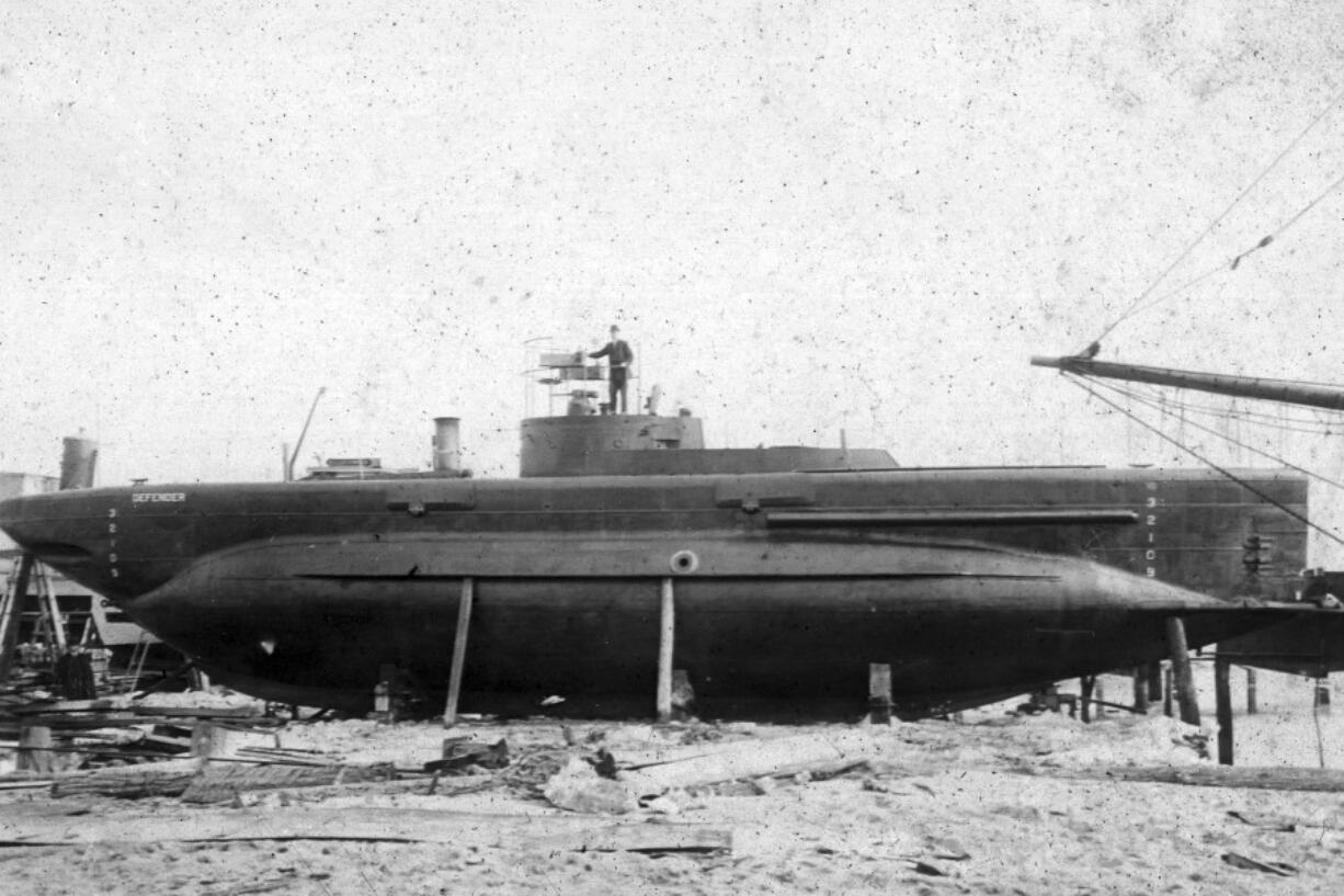 This 1907 photo, from Chapman University, Frank Mt. Pleasant Library of Special Collections and Archives, shows the Defender submarine. The wreckage of the Defender submarine, built in 1907 before being rejected by the Navy, has been discovered off the coast of Connecticut in Long Island Sound, Sunday, April 16, 2023, by a group of commercial divers. (Chapman University, Frank Mt.