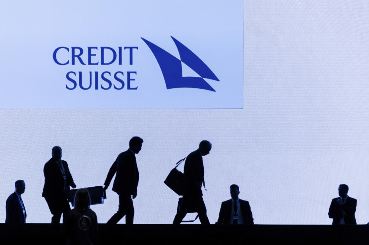 FILE - Swiss bank Credit Suisse CEO Ulrich Koerner, third right, leaves the stage after the annual shareholders' meeting of the Swiss banking group on Tuesday, April 4, 2023 in Zurich, Switzerland. A U.S. Senate committee has accused the embattled Swiss bank Credit Suisse of limiting the scope of an internal probe into Nazi clients and Nazi-linked accounts.