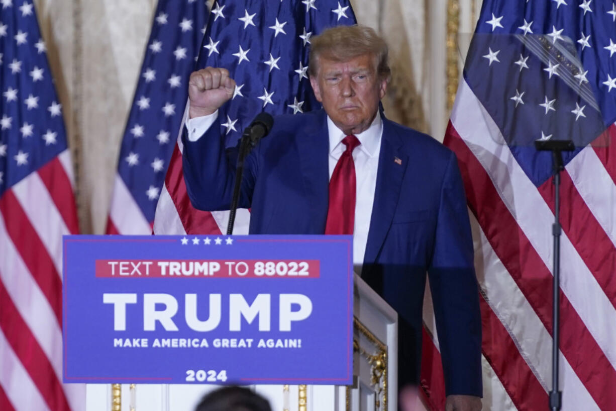 Former President Donald Trump speaks at his Mar-a-Lago estate Tuesday, April 4, 2023, in Palm Beach, Fla., after being arraigned earlier in the day in New York City.