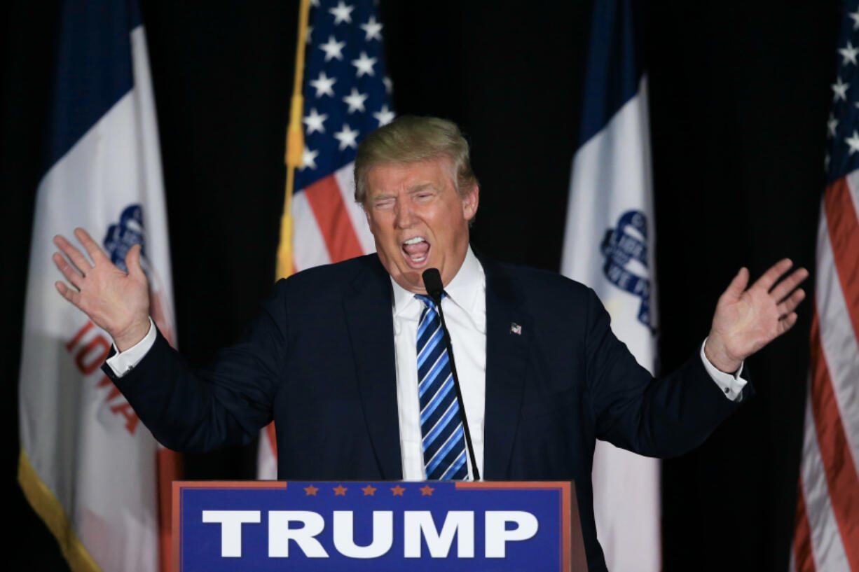 FILE - Republican presidential candidate Donald Trump speaks during a campaign stop in Council Bluffs, Iowa, Dec. 29, 2015. When Trump steps before a judge next week to be arraigned in a New York courtroom, it will not only mark the first time a former U.S. president has faced criminal charges. It will also represent a reckoning for a man long nicknamed "Teflon Don," who until now has managed to skirt serious legal jeopardy despite 40 years of legal scrutiny.