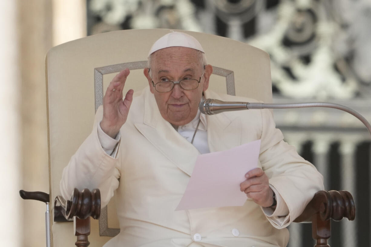 Pope Francis delivers his message during his weekly general audience in St. Peter's Square, at the Vatican, Wednesday, April 19, 2023.