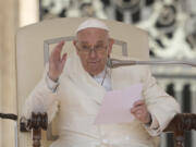 Pope Francis delivers his message during his weekly general audience in St. Peter's Square, at the Vatican, Wednesday, April 19, 2023.