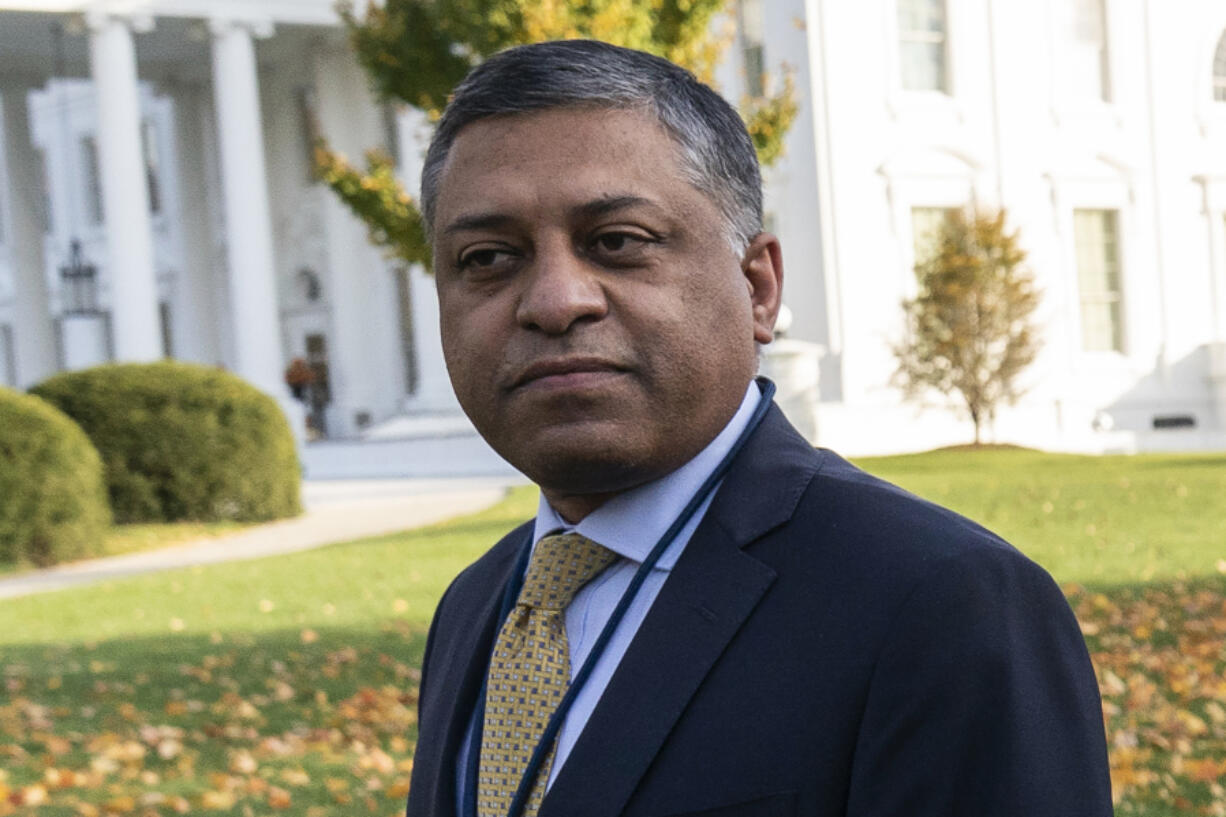 FILE - Dr. Rahul Gupta, the director of the White House Office of National Drug Control Policy, walks outside of the White House, Nov. 18, 2021, in Washington. The U.S. has named a veterinary tranquilizer as an "emerging threat" when it is mixed with the opioid fentanyl, clearing the way for more efforts to stop the spread of xylazine and develop an antidote. The Office of National Drug Control Policy announced the designation Wednesday, April 12, 2023.