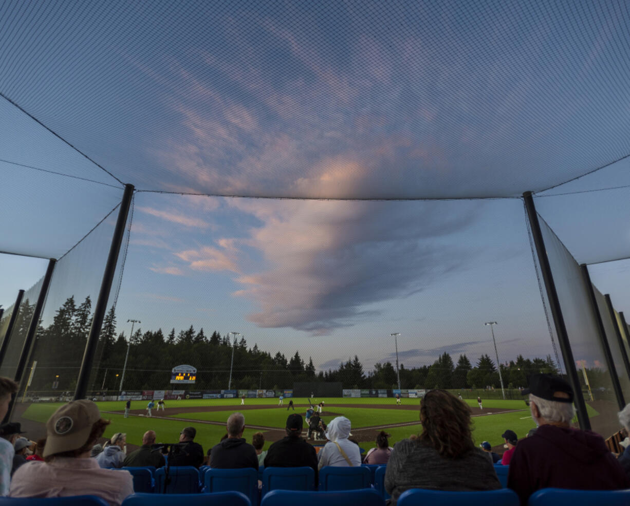 The sunset illuminates a cloud over the Ridgefield Outdoor Recreation Complex on Tuesday, July 12, 2022. The 2023 Ridgefield Raptors baseball season is just a few weeks away.