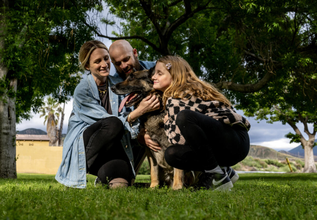 The Bauer family, Trish, 34, Josh, 36, and Lily, 10, hug their rescued German shepherd Cooper at Wildwood Park on May 3 in San Bernardino, Calif. Trish was scrolling on Instagram when she came across a post from a dog rescue that said a 12-year-old, 90 pound German shepherd was going to be euthanized if he didn't find a home soon.