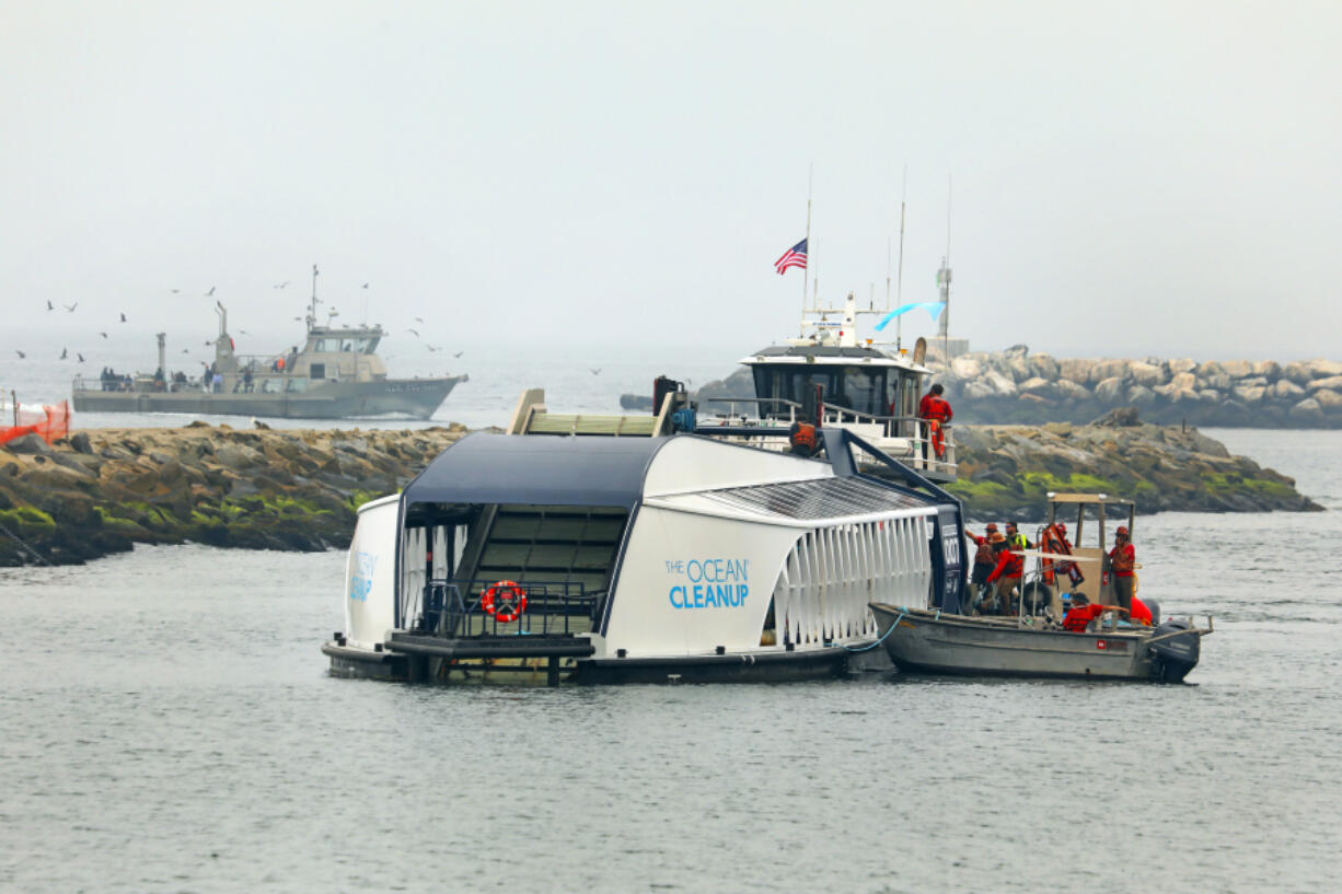 The trash interceptor is positioned in Ballona Creek in the Playa del Rey area of Los Angeles in 2021.