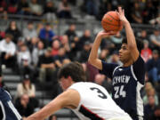 Skyview senior Joshua Chatman, right, shoots a free throw Friday, Jan. 6, 2023, during the Storm?s 61-41 loss to Union at Union High School.