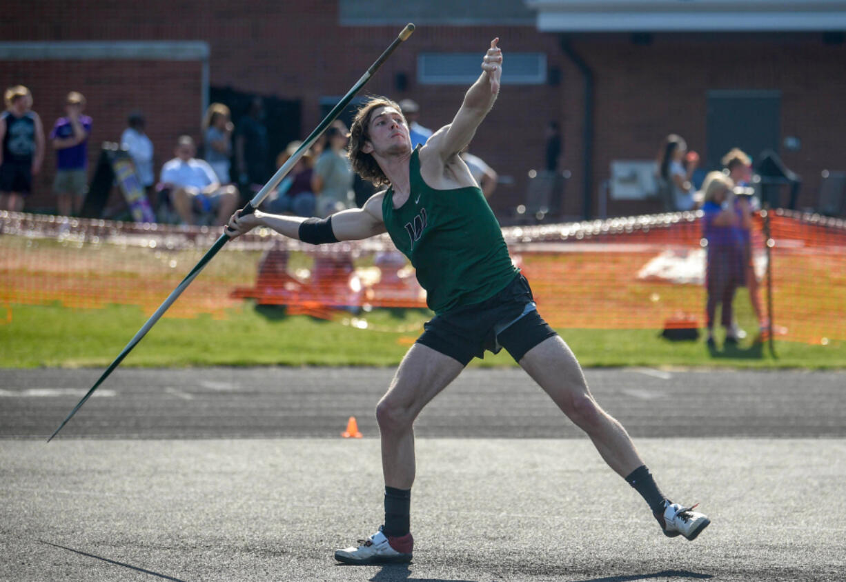 Woodland's Hayden Clark gets ready to throw the javelin at the Class 2A District 4 track and field meet on Friday. He won with a throw of 154-11.