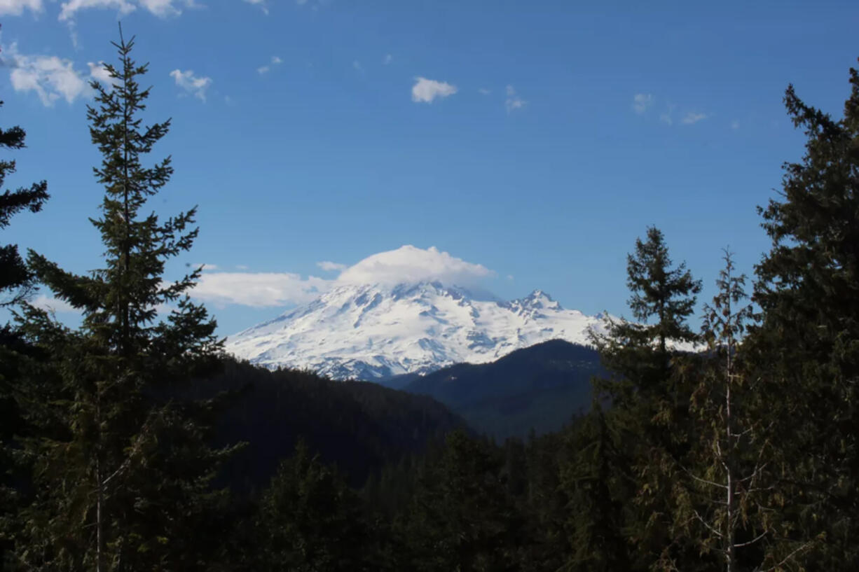 A view of Mount Rainier is shown from a scenic overlook along Highway 12 on April 29.