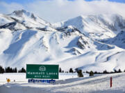 The Sierra Nevada mountains around Mammoth Lakes, California, are caked with snow.