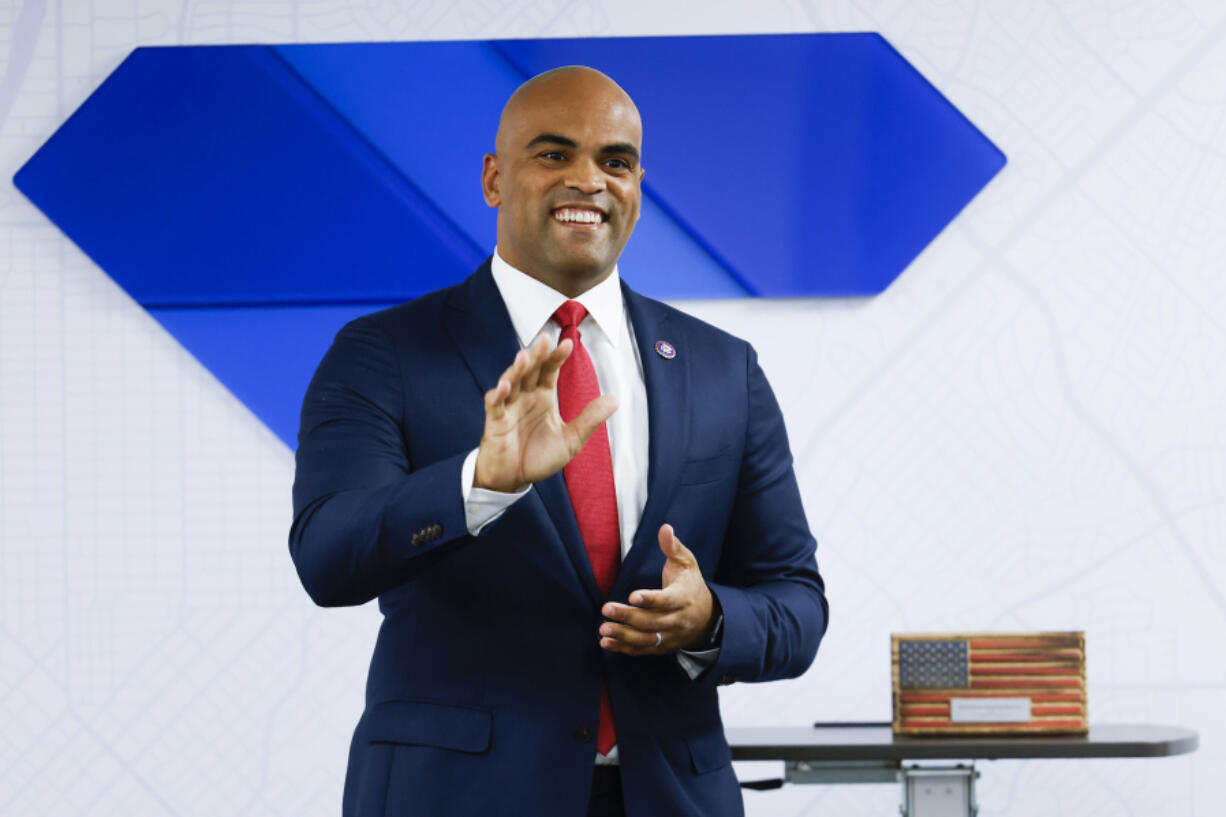 Rep. Colin Allred (D-TX) gestures towards the crowd during an award presentation at North Dallas Chamber on Oct. 4, 2022, in Dallas.