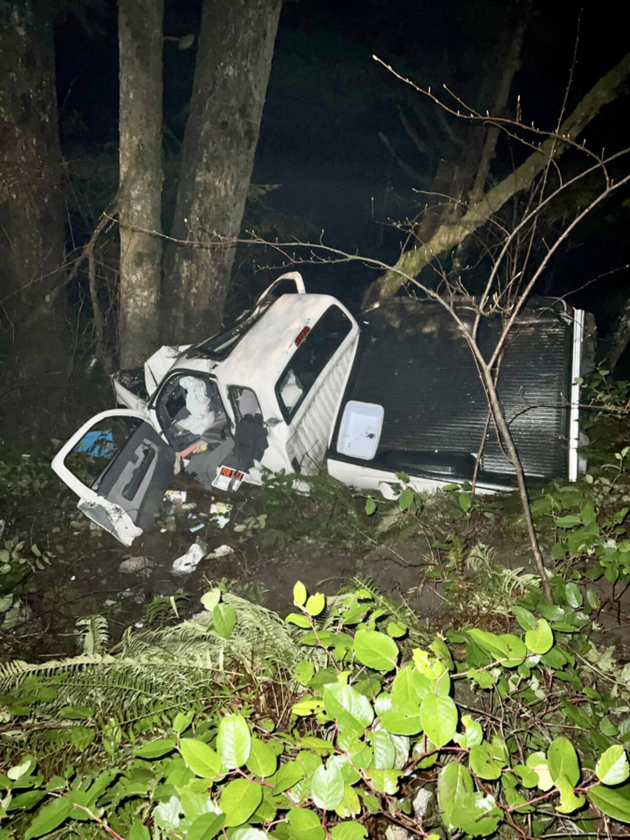 A truck, as seen Feb. 4, 2022, after it crashed in the 26700 block of Northeast Lucia Falls Road. On Wednesday, Clark County sheriff's deputies arrested 48-year-old Ronda Knapp for the crash that killed her passenger, identified as 51-year-old Steven Woolsey.