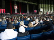 Commencement speaker and student body president Jacob Boucher addresses his fellow graduates and the thousands of people who came out to Saturday's Washington State University Vancouver graduation ceremony. The university graduated 847 students during its commencement at the RV Inn Style Resorts Amphitheater.