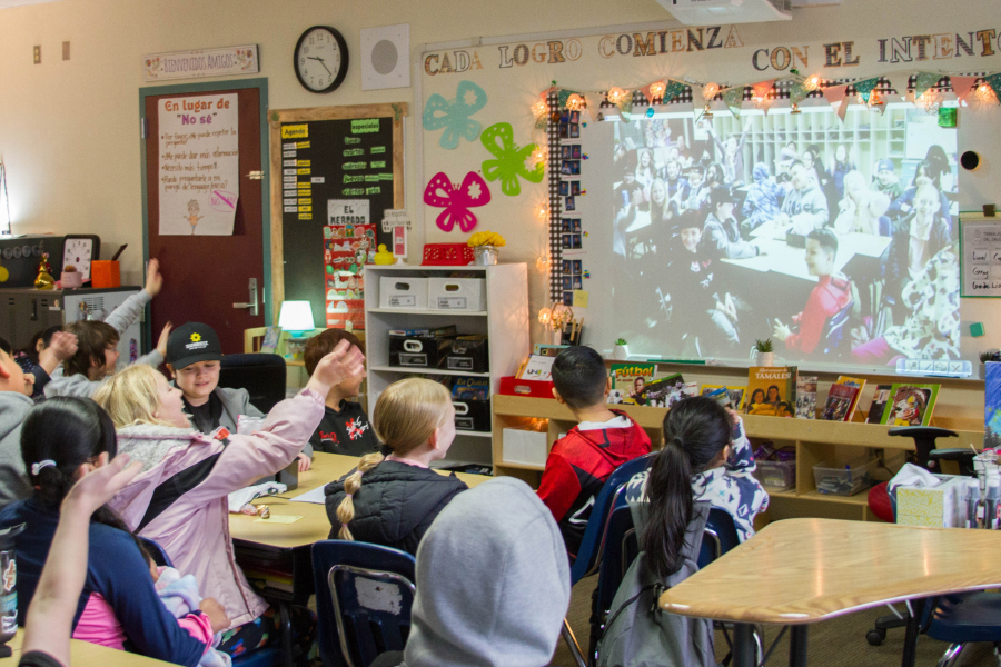 Fourth-grade students enrolled in the Dual Language Program at Columbia Elementary School break down cultural barriers through language and social connection by collaborating with Spanish-speaking students in Puerto Rico using Zoom teleconferencing software.