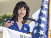 Rep. Marie Gluesenkamp Perez, D-Skamania, speaks to the crowd at the Memorial Day observance.