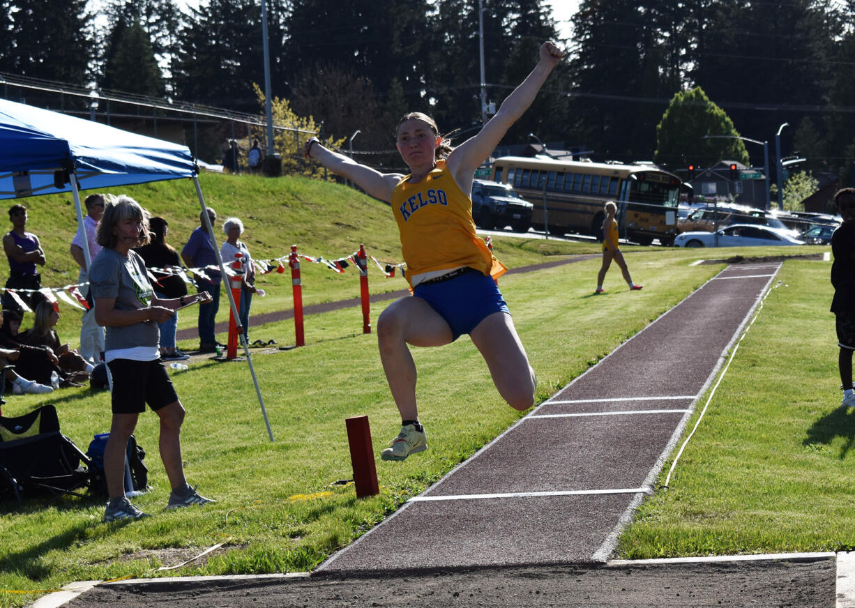 Josie Settle of Kelso competes in the 3A girls long jump at the 4A/3A district track and field meet at McKenzie Stadium on Thursday, May 11, 2023.