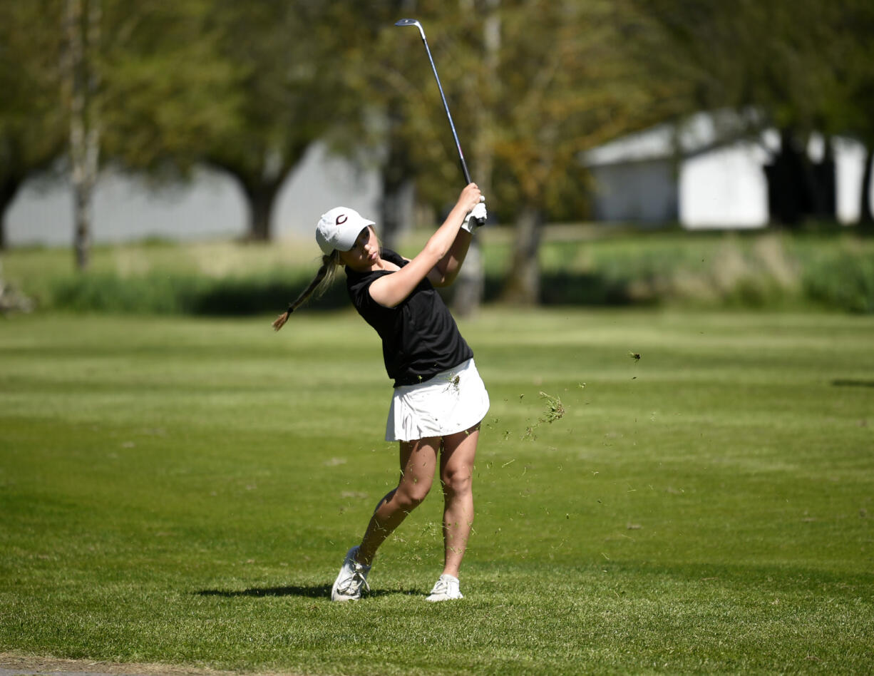 Jacinda Lee of Camas hits a shot on the 16th hole at Mint Valley Golf Course in Longview at the 4A girls golf district tournament on Wednesday, May 10, 2023.