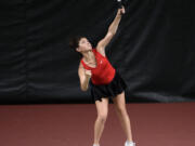 Hailey Kerker serves the ball during the singles championship match at the 4A District 4 girls tennis tournament at Club Green Meadows on Saturday, May, 13, 2023.