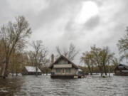 Cabins stand in high floodwaters on Bergman Island near McGregor, Iowa, Sunday, April 30, 2023. Community members worry that the high water could delay the start of the summer tourist season.