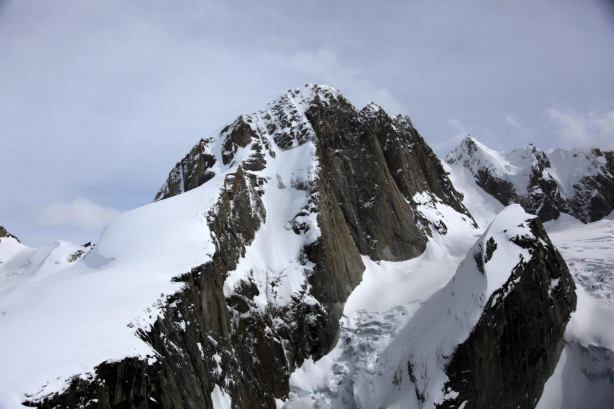 This undated photo provided by the National Park Service show the West Ridge climbing route of Moose's Tooth, a 10,300-foot peak in Denali National Park where officials are looking for two climbers. The two climbers missing in Alaska likely triggered a small avalanche while climbing and fell, coming to rest in a heavily crevassed glacier at the bottom of the slide path, officials said Tuesday, May 9, 2023.