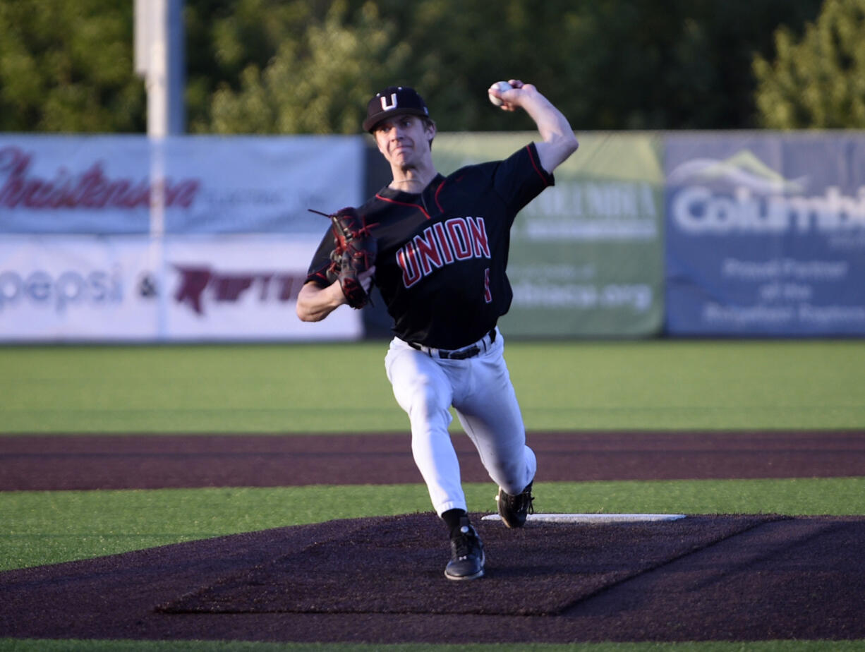 Dylan Osborne of Union delivers a pitch for the American League all-stars in the Clark County Senior All-Star Baseball Series at the Ridgefield Outdoor Recreation Center on Tuesday, May 30, 2023.