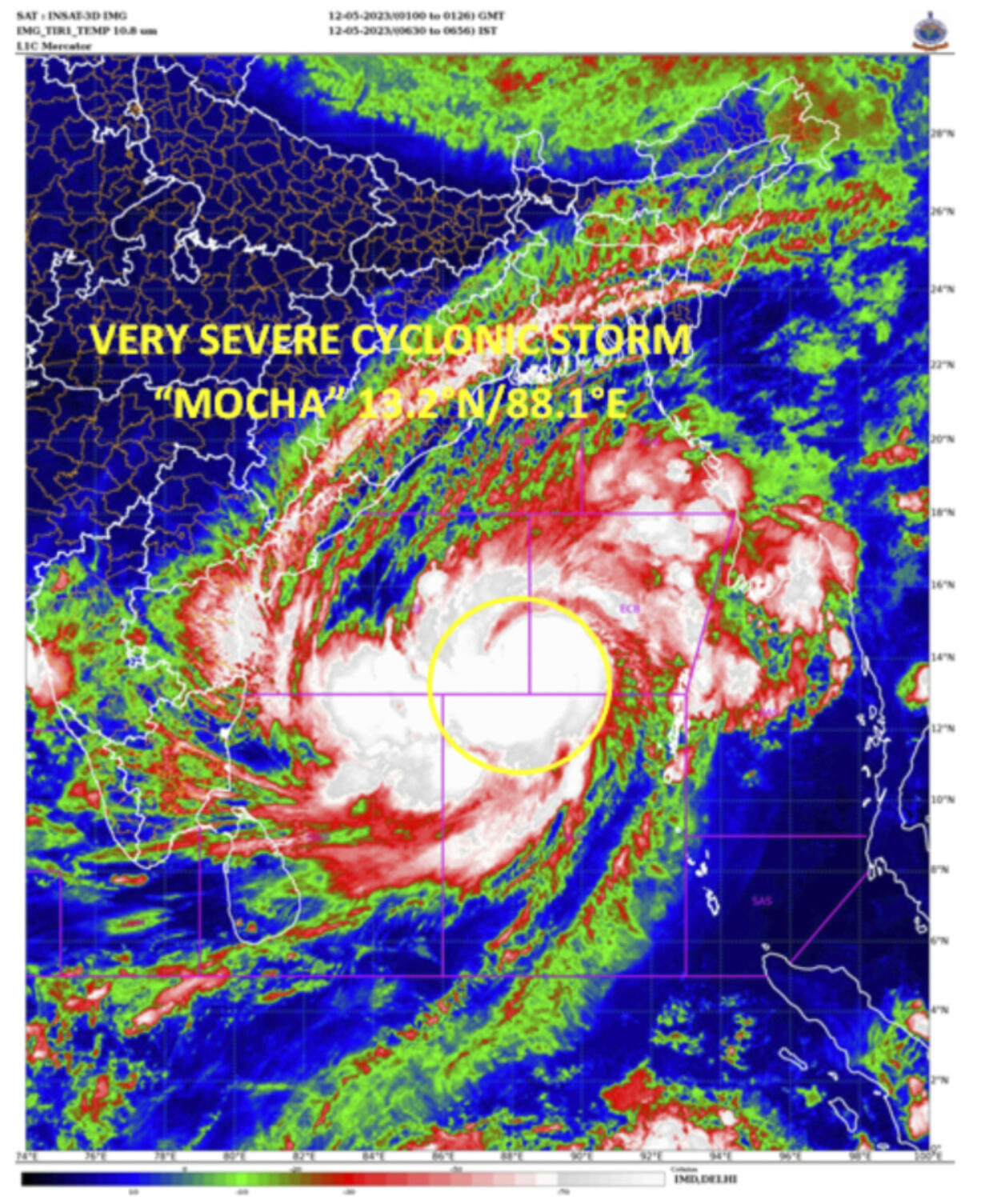 This satellite image provided by India Meteorological Department shows storm Mocha intensify into a very severe cyclonic storm. Authorities in Bangladesh and Myanmar prepared to evacuate hundreds of thousands of people Friday, warning them to stay away from coastal areas as a severe cyclonic storm churned in the Bay of Bengal. The storm is expected to roar in on Sunday with a wind speed of up to 160 kilometers per hour (100 miles per hour), gusting to 175 kph (110 mph) between Cox's Bazar in Bangladesh and Kyaukpyu in Myanmar, India's Meteorological Department said.