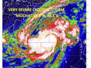 This satellite image provided by India Meteorological Department shows storm Mocha intensify into a very severe cyclonic storm. Authorities in Bangladesh and Myanmar prepared to evacuate hundreds of thousands of people Friday, warning them to stay away from coastal areas as a severe cyclonic storm churned in the Bay of Bengal. The storm is expected to roar in on Sunday with a wind speed of up to 160 kilometers per hour (100 miles per hour), gusting to 175 kph (110 mph) between Cox's Bazar in Bangladesh and Kyaukpyu in Myanmar, India's Meteorological Department said.