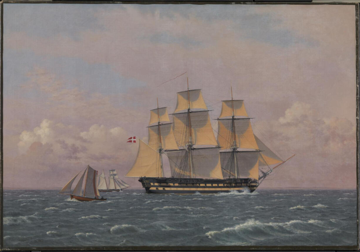 This image provided by the Statens Museum For Kunst shows the 1834 painting "The 84-Gun Danish Warship 'Dronning Marie' in the Sound" by Christoffer Wilhelm Eckersberg. Danish painters in the 19th century had some special ingredients up their sleeves: They used materials from brewing beer to create their artwork, according to research published in the journal Science Advances on Wednesday, May 24, 2023.